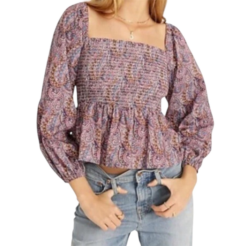 J. Crew Liberty Fabric Paisley Top Sz Smocked Square Neck puff Sleeve coquete